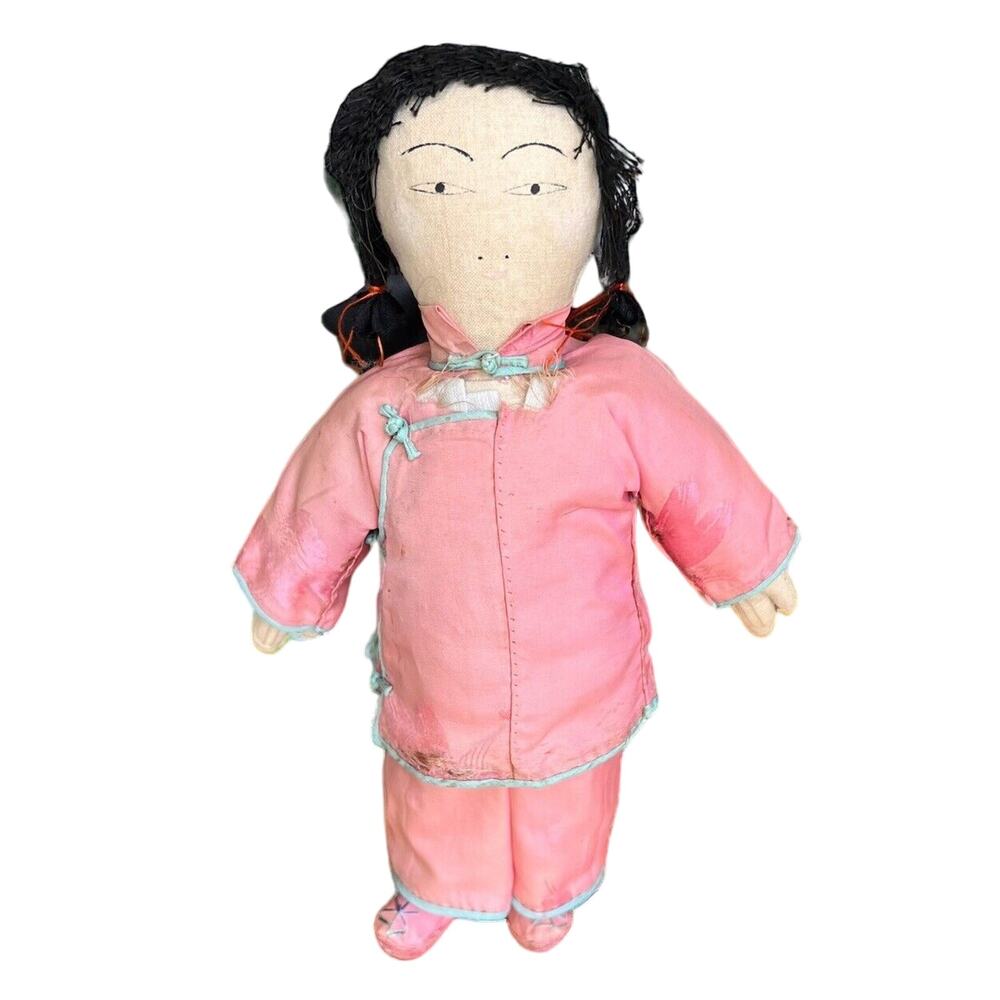 Antique Japanese Cloth Doll Handmade Original Pink Silk Traditional Clothing Vtg